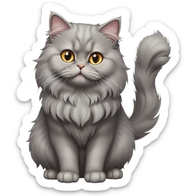 cinematic-[grey persian cat]-realistic-full-body-sitting-emoji,-tail-curled-playfully-around-its-paws,-head-tilted-dramatically,-fluffy-[grey cat]-fur,-simplified-yet-realistic-focused-features,-highly-detailed,-glowing-with-an-almost-sarcastic-glow sticker