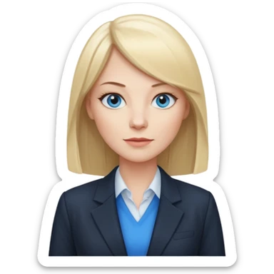 40 yr old white woman, pale skin, long straight blond hair parted in center, blue eyes, bangs, dress clothes for work sticker