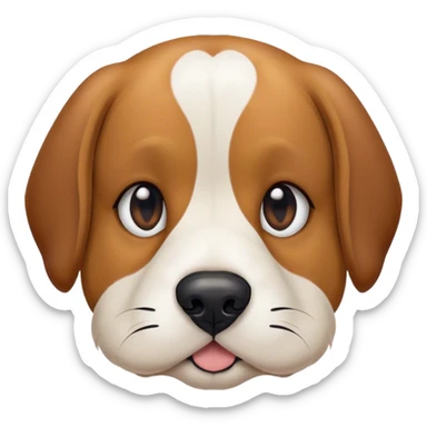 Beagle mix dog chunky with light tan face that has a white lightly freckled stripe down to a black nose sticker
