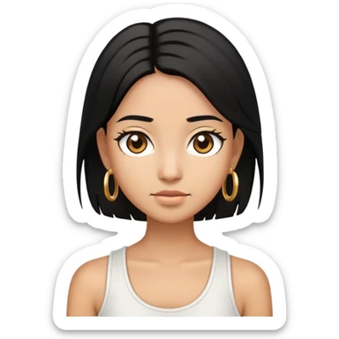 Create an ios iphone emoji of a girl with black straight layered hair with dark brown eyes and wearing a white tank top and wearing small gold hoop earings sticker
