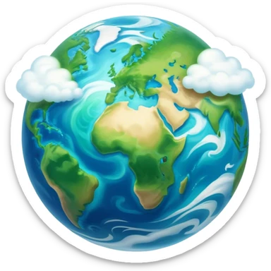 Cinematic Realistic Earth Emoji, depicted with vibrant blue oceans, swirling white clouds, and lush green continents rendered in exquisite detail, high shine, and a soft radiant glow that captures the dynamic, life-sustaining beauty of our home planet. sticker