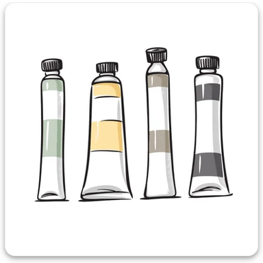 Set of artist's paint tubes with different sizes and caps. Some tubes are squeezed in the middle. Using specific pastel colors (dd9fb0, ffc6d3, a3bfc9, c4bee2, f1b091). Hand-drawn doodle style with intricate details. Transparent background. sticker