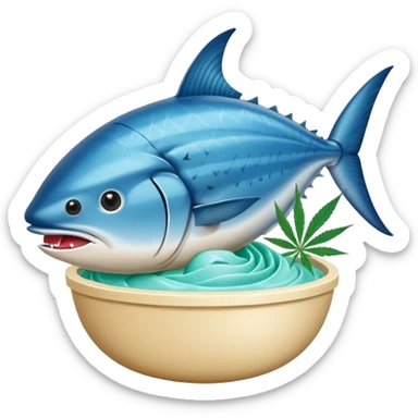 bluefin tuna in a gelato with cannabis leaf sticker