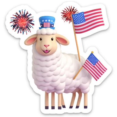 sheep emoji wearing a patriotic hat, waving an American flag, with fireworks sticker