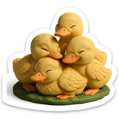 ducklings huddled together on grass, cozy and cheerful, detailed feathers, claymation style sticker