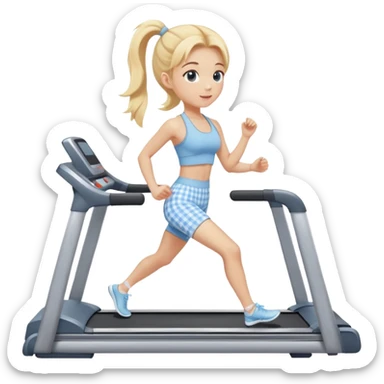 blonde girl on treadmill wearing light blue gingham yoga set sticker