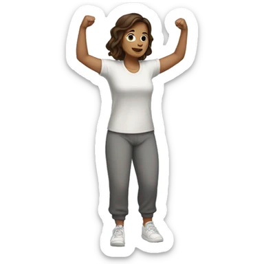 A woman in sweatpants and a t shirt standing up, full body view she is holding her arms out as if se is handing someone something, brown hair sticker