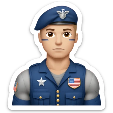 generate white powerful american soldier with small usa flag on shoulder sticker