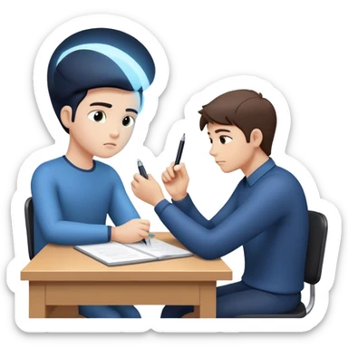 The present self sits at a desk, hesitating, while another glowing hand—representing the future self—rests reassuringly on their shoulder. In the other hand, the future self holds out a pen, gently encouraging action, symbolizing the power of starting despite doubt. sticker