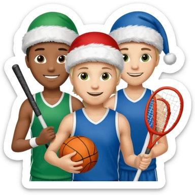crie a imagem de 3 atletas de modalidades diferentes, usando elementos esportivos, como por exemplo bola, raquete, luca... e usando um chápeu de papai noel das cores verde e azul. sticker
