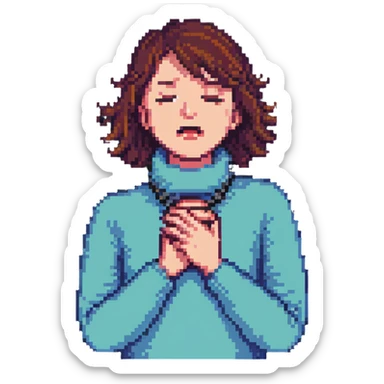 person with hands around their own neck, self-choking, simple and clear pixel art sticker