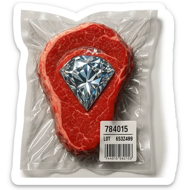 meat steak with sparkling diamond facets, glossy and puffy, vacuum-sealed style sticker