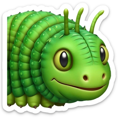 Cinematic Realistic Noble Caterpillar Portrait Emoji, Poised and serene, with a slender, segmented body covered in vivid, detailed green scales accented by subtle natural patterns, and a tiny, focused face with delicate, inquisitive eyes, rendered with lifelike texture and soft natural lighting, high shine, intelligent and delicate, styled with an air of woodland elegance, focused and attentive, soft glowing outline, capturing the essence of a watchful and confident looper caterpillar that appears ready to inch gracefully out of the screen with natural authority! sticker