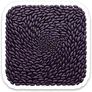 loose scatter of uncooked black rice grains, glossy elongated shape, deep purplish-black color, smooth slightly curved surface, subtle natural variations in tone, soft lighting, subtle shadows, emoji scale sticker