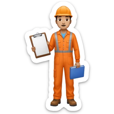 Indian male railway engineer orange overalls, boots holding a clipboard facing backwards sticker