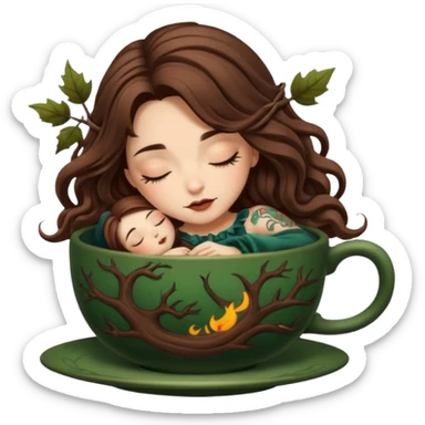 cute forest witch woman long wavy brown hair tattoos sleeping inside teacup sticker