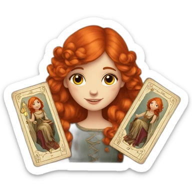 a red haired girl from the middle ages with a deck of tarot cards sticker