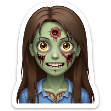 a zumbi girl with long brunette straight hair and light brown eyes, she is happy and beautiful, do it as a icon  sticker