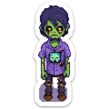 zombie boy with black emo hair and purple shirt, pixel art style sticker