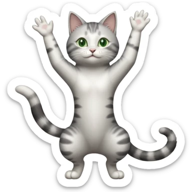 grey and white cat with green eyes doing a big long stretch reaching up into the air with arms and legs side by side together sticker