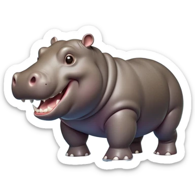 cinematic-hippo-realistic-full-body side view-standing on all fours-emoji,-massive-round-frame,-wide-mouthed-grin-exposing-huge-teeth,-head-tilted-dramatically,-thick-greyish-brown-hide-glossy-from-water,-simplified-yet-realistic-focused-features,-highly-detailed,-glowing-with-an-almost-sarcastic-glow showing only 4 theeth sticker