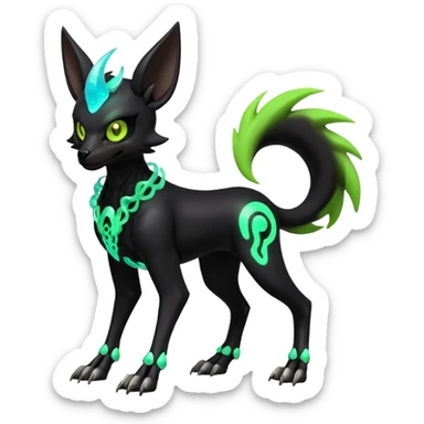 Hyper realistic slim horned skeletal black and neon green futuristic shiny colorful bioluminescent cyber-Poochyena-Zorua-Litten-Houndoom-Fakémon-Pokémon-Digimon-hybrid-fusion (full body) with a skull face sticker
