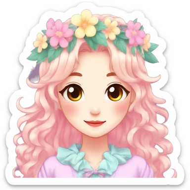 Gorgeous Shiny Colorful Pastel Anime Style Mature Lady with blushing face and pretty hair with a flower crown pastelcore kawaii cottagecore fairycore aesthetic trending style sticker
