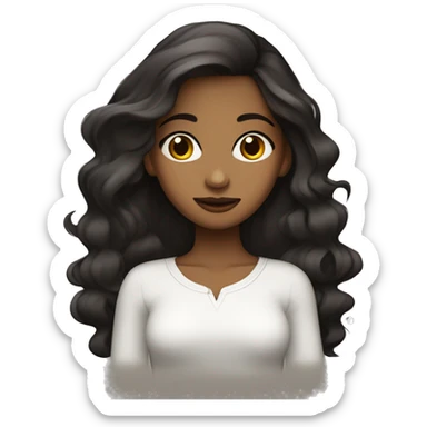 Una chica con cabello negro largo liso  y color trigueña ojos marrones oscuros usando una camisa blanca  sticker
