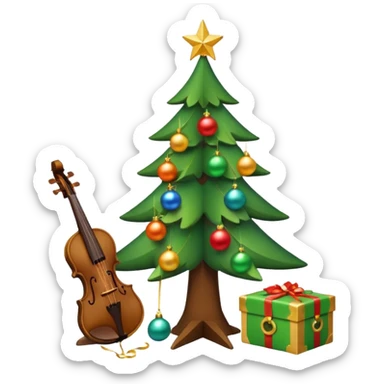 A cute, minimal emoji-style Christmas tree with a bright green triangular shape, decorated with a simple glowing light garland and round colorful baubles, a wooden violin replacing the trunk, and a small playful monkey sitting at the very top carefully placing a golden Christmas star sticker
