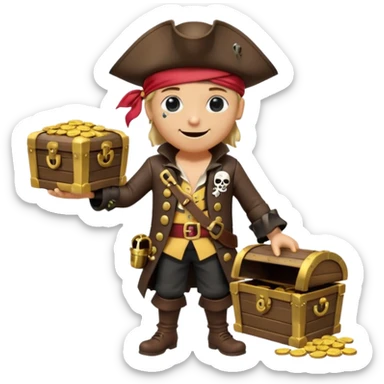 A 3D cartoon pirate character with one eye covered by a black eye patch, holding a treasure chest filled with gold coins and jewels, standing on sandy ground, wearing a pirate hat and coat, warm sunset lighting, realistic Memoji-style rendering. sticker