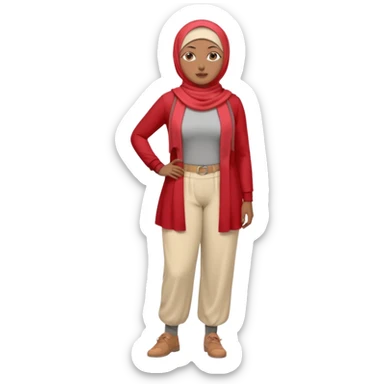 Heavy-set woman with medium-brown skin wearing a light red hijab, cream top, light red pants, tan shoes, and a grey prosthetic leg. Standing confidently with one hand on her hip sticker