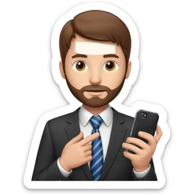 Un hombre con un poco de barba,  de traje con tez clara pelo color castaño, vestido con traje camisa y corbata y celular en mano .  sticker