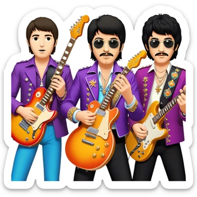 Rock music icon: collage of legendary rock stars—The Beatles, Jimi Hendrix, Elvis Presley, Queen, Nirvana, Led Zeppelin. Electric guitars, amplifiers, and microphones surrounded by vibrant stage lights and musical notes. Transparent background. sticker