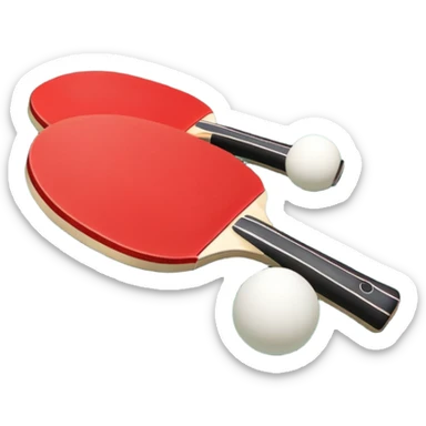 Two table tennis paddles and a ball placed on a ping pong table, with the net in the background. The scene conveys the simplicity and focus of the sport, with vibrant colors highlighting the rackets and ball on the smooth surface of the table. sticker