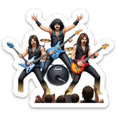 Icon for Heavy Metal Music: 4 men band on stage with electric guitars, drums and intense lighting. 4 Musicians headbanging, surrounded by energy and stage effects, capturing the power and intensity of a metal concert. Transparent background. sticker