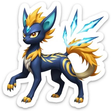 Feral Scaly Striking Slaying Badass Evil Handsome Lightning-patterned Zig-zagged buzzy fuzzy Meloetta-Luxray-Suicune-Solgaleo-Vernid-fusion-hybrid-creature, full body  sticker