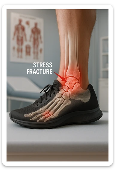 Realistic, vertical medical scene: a runner’s foot and lower leg are shown in profile, with a transparent overlay revealing a small stress fracture in the metatarsal bone. Red highlights and arrows indicate the area of pain and injury. The setting is a medical exam room, with anatomical charts in the background. sticker