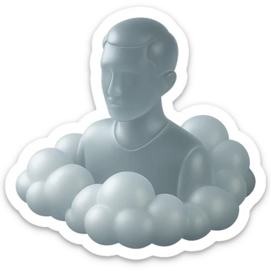 person looking straight ahead, shoulders immersed in fluffy, voluminous white clouds, clouds are 3D and white, matte glass style sticker