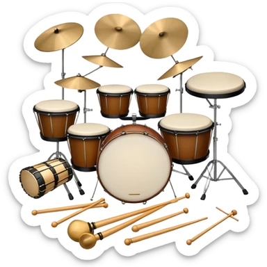 Create a professional, emblem-like emoji representing percussion instruments, including both traditional and folk drums. Feature a snare drum, bass drum, timpani, cymbals, marimba, tambourine, djembe, bongos, cajón, triangle, castanets, and ratchets in a balanced, heraldic composition. Crossed drumsticks at the center symbolize rhythm, while a ribbon of musical notes weaves around the instruments. Use rich gold, mahogany, and silver tones with polished highlights. Add laurel wreaths and subtle engravings for a grand, festive feel. The design should be harmonious, visually complete, and on a transparent background. sticker