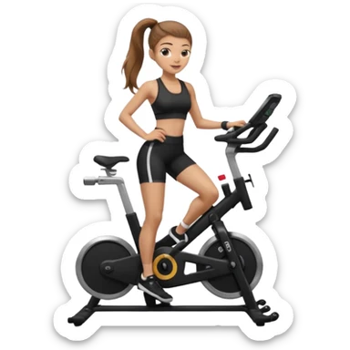Light skin girl with long light brown hair in a pony tail, black workout set leaning on a indoor spin bike with NO HELMET,  sticker