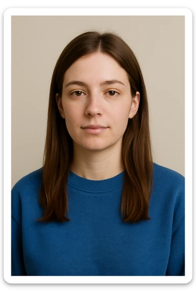 white female, straight brown hair, blue crewneck sweatshirt, relaxed, plain background sticker