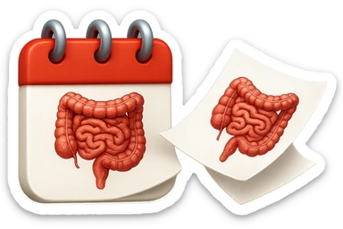 emoji stile iphone di un calendario con fogli che volano insieme, sui fogli ci sono disegnati degli intestini anatomici, iperrealistico 4k, isolato su sfondo bianco sticker