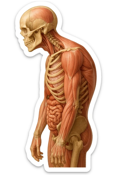 corpo UMANO ANATOMICO di profilo con spalle chiuse in avanti, postura errata, iperrealistico 4k sticker