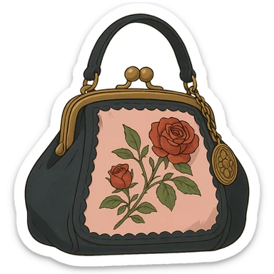 Pink and black gothic purse in Ghibli style, rose embroidery, vintage charm, dreamy atmosphere, no background sticker