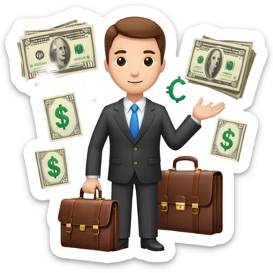 financial expert with business suit, briefcase, charts and money symbols sticker