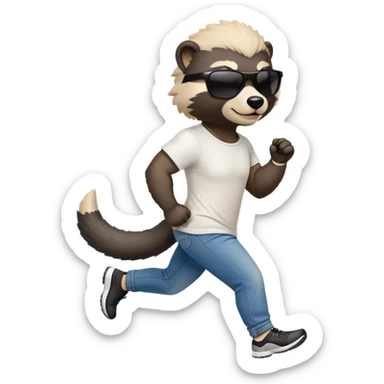 friendly anthropomorphised honey badger in jeans and a t-shirt, wearing sunglasses, jogging upright, relaxed pose sticker