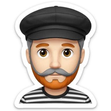 White Man with a dark grey beard and a black newsboy cap. He is wearing a black and white striped shirt. He has dark black eyeliner  sticker
