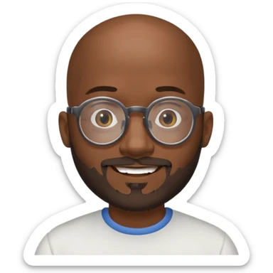 African american male, bald, salt and pepper beard. Round face, glasses sticker