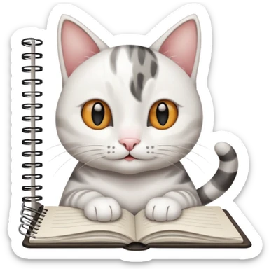 gatita feliz blanca con manchas negras atigradas viendo una libreta anillada  sticker