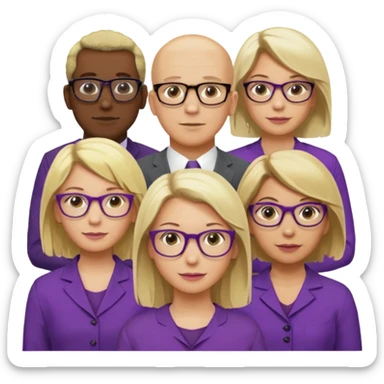 FIVE person team; 2 men and 3 women.  All dressed in yellow or purple.  
1 caucasian woman with blonde mid length hair
1 caucasian woman has ash blonde hair tied up.  
1 man is African-american and bald
1 man is caucasian and very little hair left.  
All have glasses sticker
